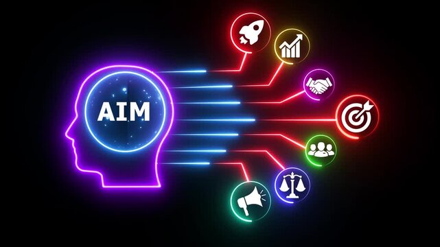 Aim related business icons flow from human brain on black background.