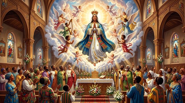 Divine figure appearing above a worshipping congregation in a church