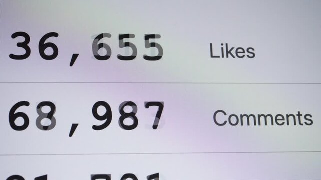 A close-up shot of social media metrics displaying high counts of likes and comments with blue icons on a screen.