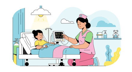 Fototapeta premium Nurse monitors child patient's vital signs in hospital room with medical equipment