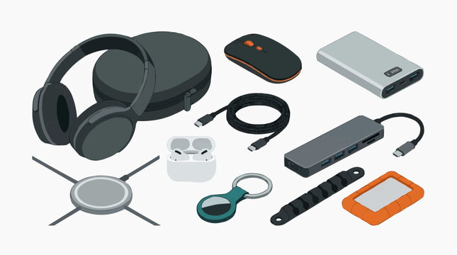 Collection of modern technology gadgets and accessories, including headphones, portable hard drive, wireless earbuds, and mouse. Isolated on white background