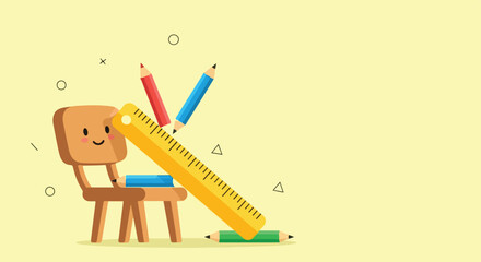 A cute wooden chair with a smiling face stands amidst colorful floating pencils and a large yellow ruler on a light yellow background. © Rangga
