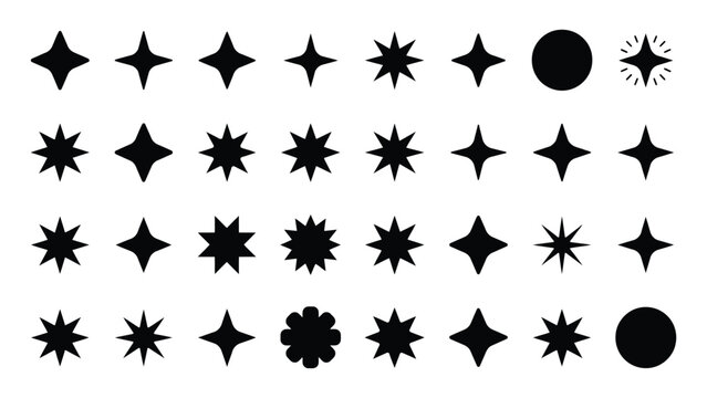 Star icons, geometric shape symbols, black sparkles, diamond silhouettes, circle elements, twinkling decorative vector design.
