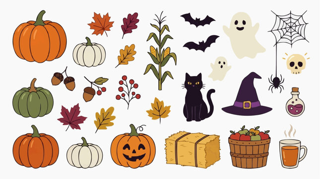 Collection of Halloween elements including pumpkins, ghosts, bats, and a black cat, set against a white background Isolated on white background