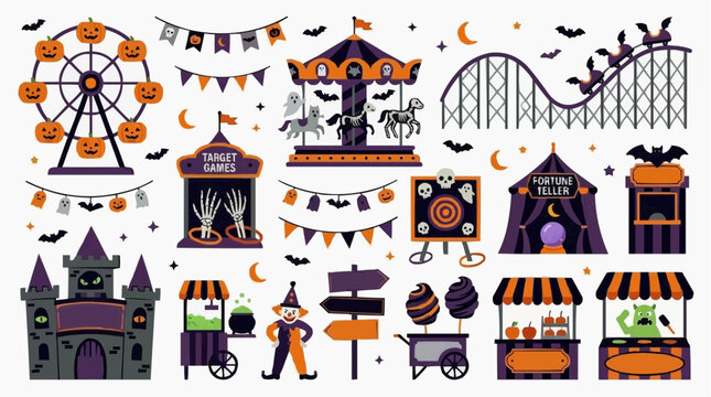Halloween carnival set with spooky elements like a Ferris wheel, roller coaster, carousel, haunted house, game booths, and festive decorations. Isolated on white background