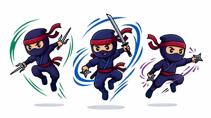 Fototapeta premium Cute Cartoon Ninjas in Dynamic Poses, One with Sai, One with Sword and Shuriken, Third with Shuriken, Flat Vector Illustration