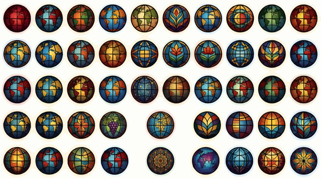 Collection of Stylized Globe Icons with Earth Continents and Abstract Designs, Stained Glass Effect, Vector Graphics
