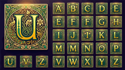 Ornate Alphabet Letters A-Z in Decorative Square Frames with Peacock and Floral Motifs, Vintage Art Nouveau Style Vector Graphics, Golden Yellow and Emerald Green Palette © chozin