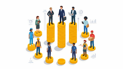 Naklejka premium Diverse Professions Representing Income Inequality, Standing on Stacks of Gold Coins, Flat Isometric Illustration with Copy Space