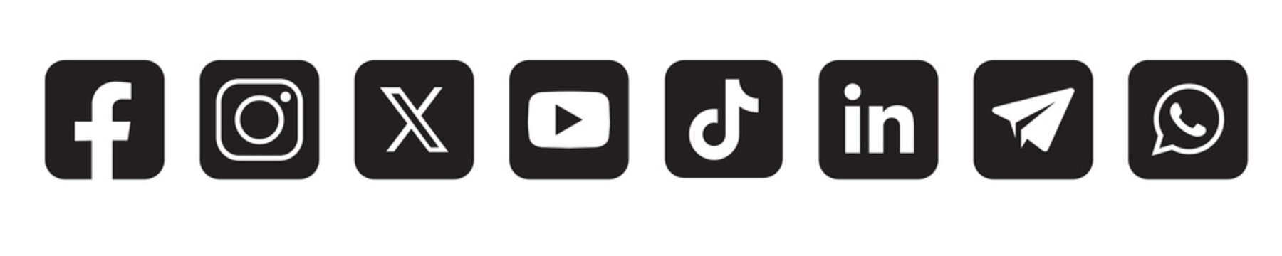 New updated social media network icons design set 2026 black & white. Facebook, Instagram, X, YouTube,  TikTok,  LinkedIn, Instagram, Whatsapp icons set 2026, 2027