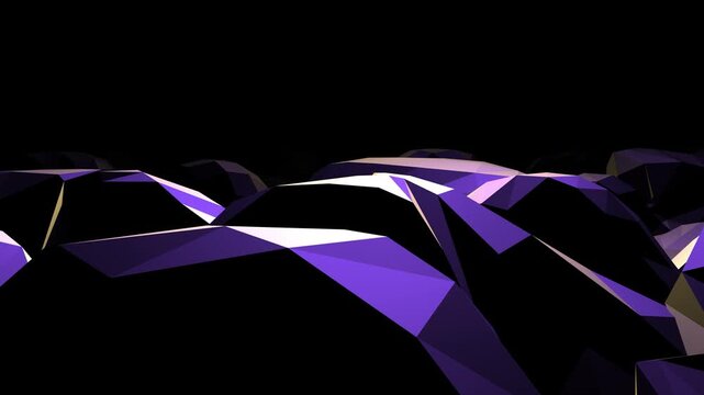 Abstract low-poly landscape with angular purple geometric shapes illuminated against a black background
