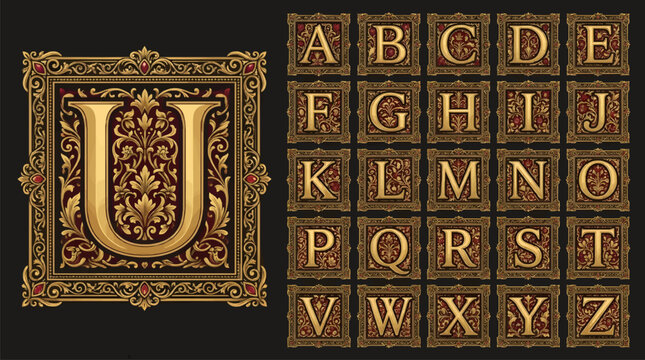 Ornate Golden Alphabet Letters A-Z in Decorative Frames with Red Floral Patterns, Vintage Calligraphy Design Elements, Elegant Typography Collection