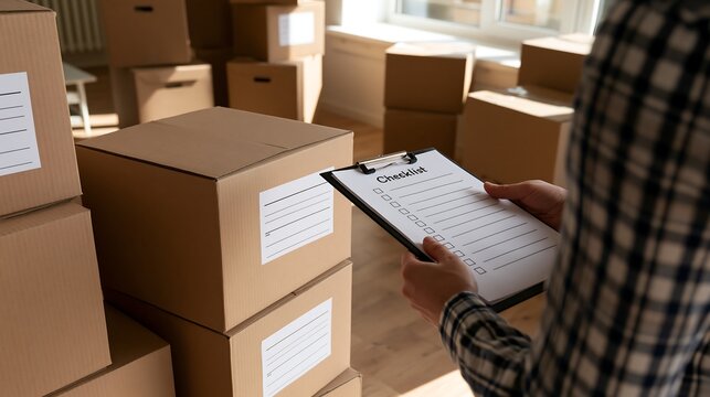 Person checking moving checklist with cardboard boxes