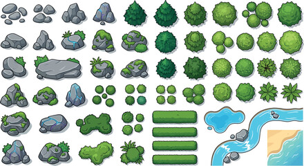 Top down view of nature assets including rocks, trees, bushes, hedges, river and beach tiles for game design © SampaRani
