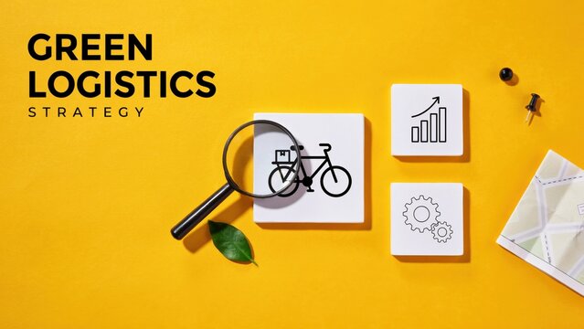 Green logistics strategy planning with bicycle magnifying glass charts