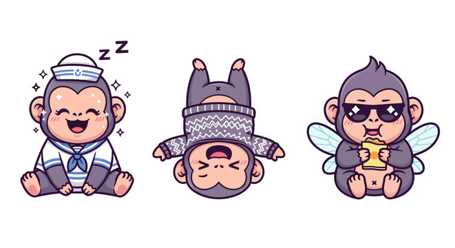 Three cartoon monkeys in different costumes and poses.