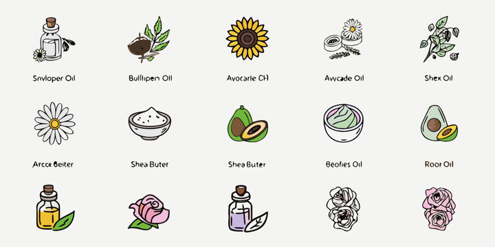 Natural Oil And Butter Icons Hand drawn Vector Illustration Set