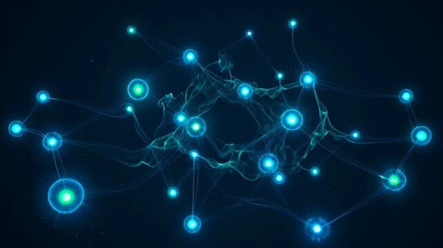 Abstract digital network of glowing blue nodes and connections on dark background.