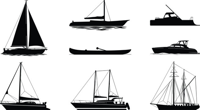 Black silhouettes of boats and ships including sailboat, canoe, motorboat, catamaran, and sailing vessel