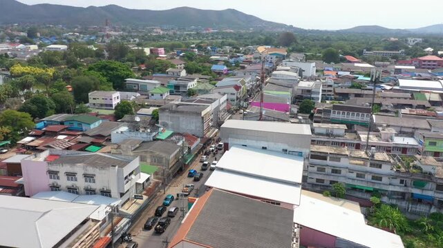 Aerial footage of Sattahip district located in Chomburi province.