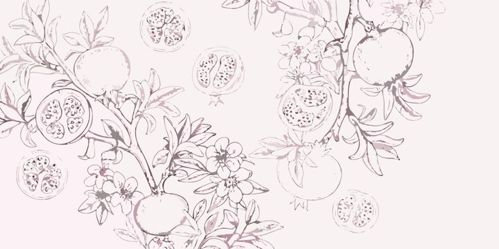 Pomegranate Branch And Fruit Vintage style Vector Illustration
