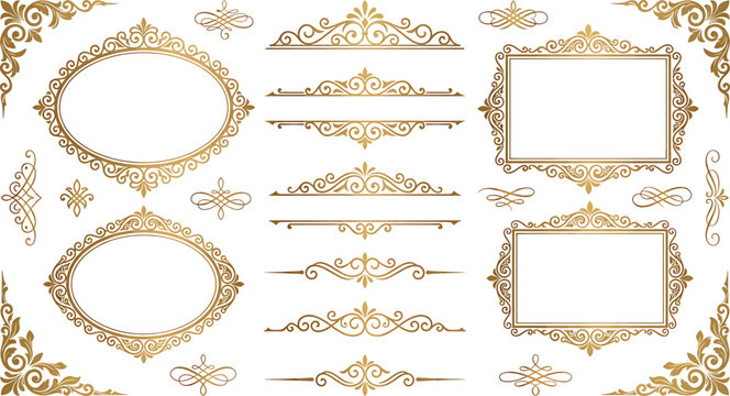 Set of vintage gold frames, borders, and decorative elements isolated on white background