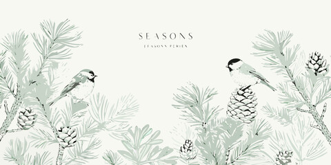 Winter botanical illustration featuring birds pinecones and evergreen branches © Dipu