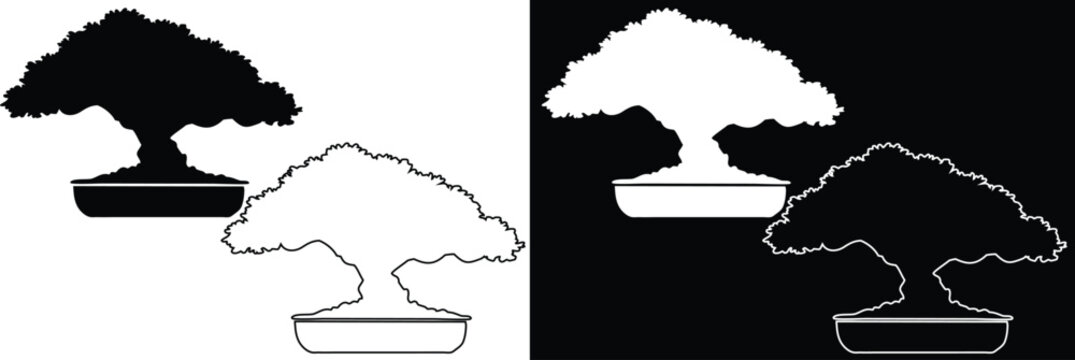 Broad canopy banyan or ficus bonsai tree set with flat silhouette and clean outline vector illustrations