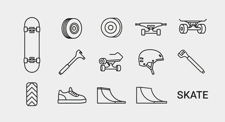 Skateboarding Icons: Skateboard, Helmet, Wheels, Ramps, Tools, Shoe © sardi