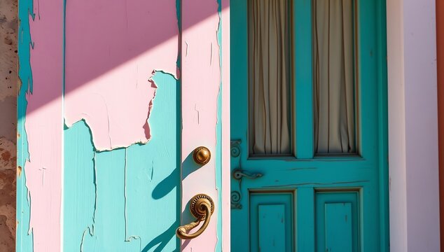 Closeup of a pink and turquoise door with peeling paint and gold hardware