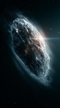 Massive crystal comet larger than a continent rotating through deep space, rainbow diffraction across surface, cosmic dust trails, cinematic sci-fi space scene.