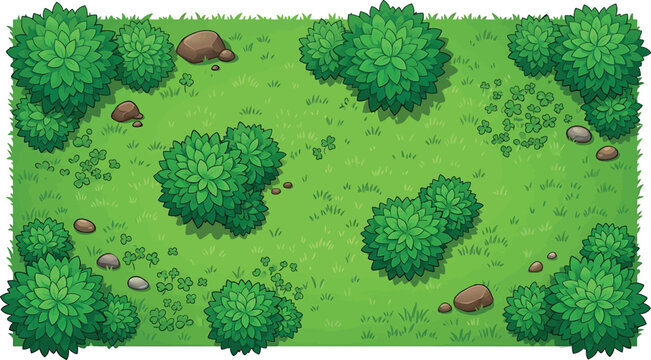 Top view of a green meadow with bushes, grass, clovers and stones