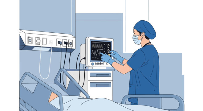 Nurse monitoring patient vital signs on EKG machine in hospital room