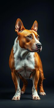 Brown and White Terrier Dog Portrait on Dark Background