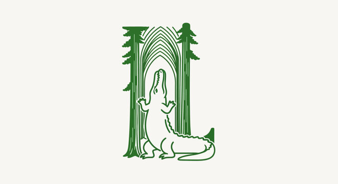 Illustrated wolf howling under forest archway design.