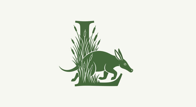 Green anteater illustration with tall grass and letter I.
