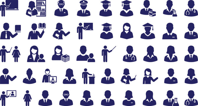 Collection of various blue silhouette icons representing people in different professions and activities on white background