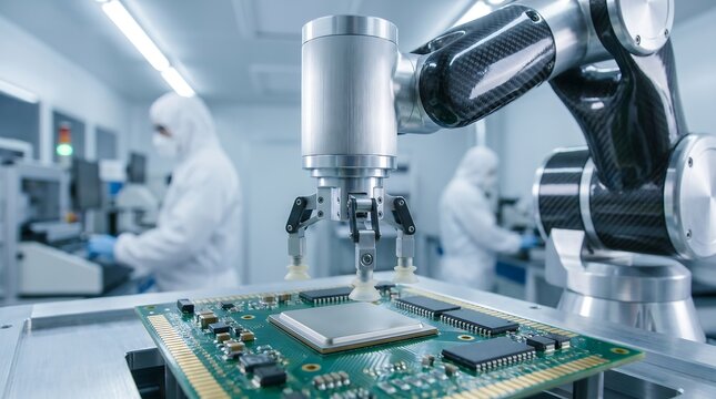 Robotic arm performing precision assembly on green circuit board in modern high tech semiconductor manufacturing cleanroom facility for advanced electronic component production
