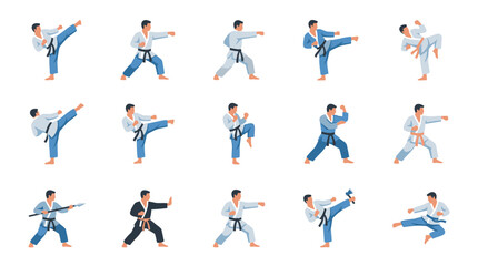 Martial arts karate poses and moves silhouette collection. © ktp