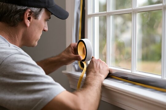 Man applying weatherstripping tape to window frame