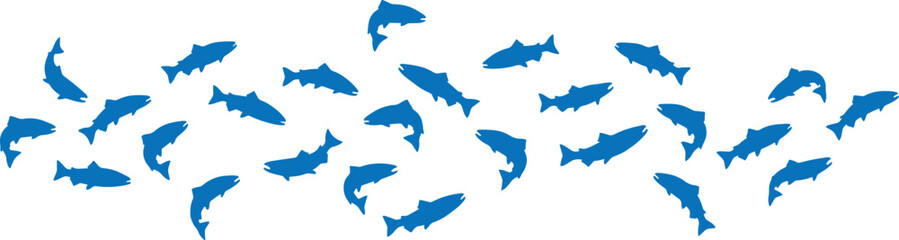 Fototapeta premium Fish Swimming in a Pattern, Blue Stylized Aquatic Creatures Arranged in a Repeating Design. Abstract Illustration of Marine Life.