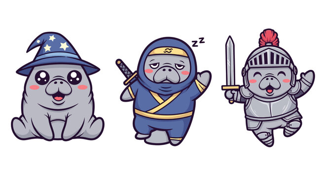 Cute Cartoon Characters in Costumes Holding Swords.