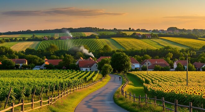 Idyllic village view with sunflower fields and vineyards at sunset