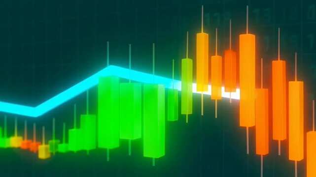 Abstract digital visualization of stock market data with green and orange bars.