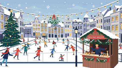 Winter Ice Skating Rink in Festive City Square with Christmas Tree and Market Stall © andika