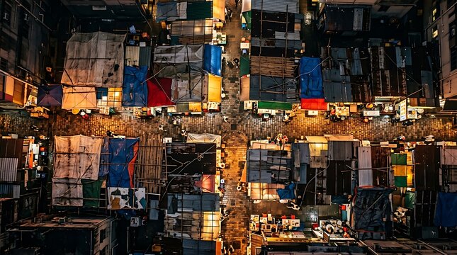Aerial top view of a colorful night market
