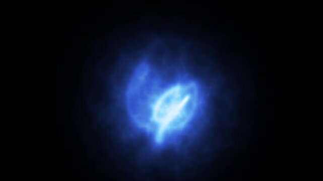 Glowing blue neon light effect animation of a water drop combined with a leaf shape over a dark, smoky background.
