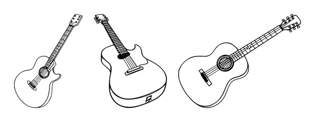 Fototapeta premium Black line art, white background: guitar set with simple line art design featuring sketches, drawings, vector graphics with minimalist and simple illustrations