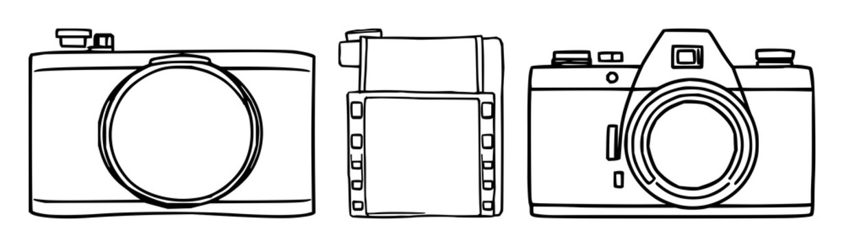 Black line art, white background: camera film roll set with simple line art design featuring line art, illustrations, graphic resources with vector and design elements