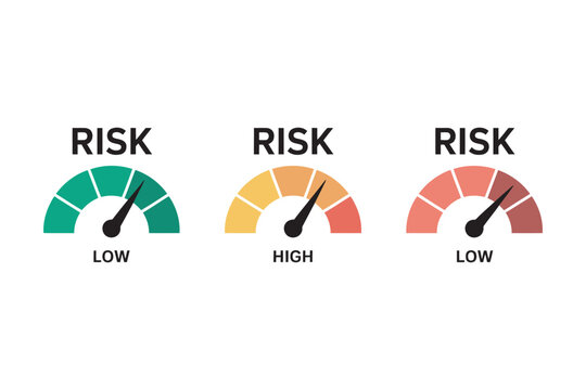 Risk Meter Icon Set with Speedometer Scale Showing Low, Medium and High Risk Levels
